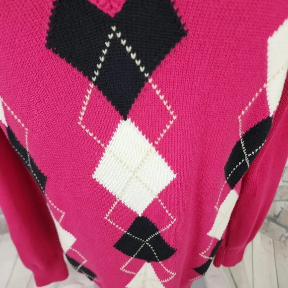 Izod Golf Argyle Low VNeck Sweater Cotton Pullover Hot Pink  Size XL - Picture 4 of 10